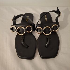 Bamboo Women's Black Sandals with Gold Circle Accents